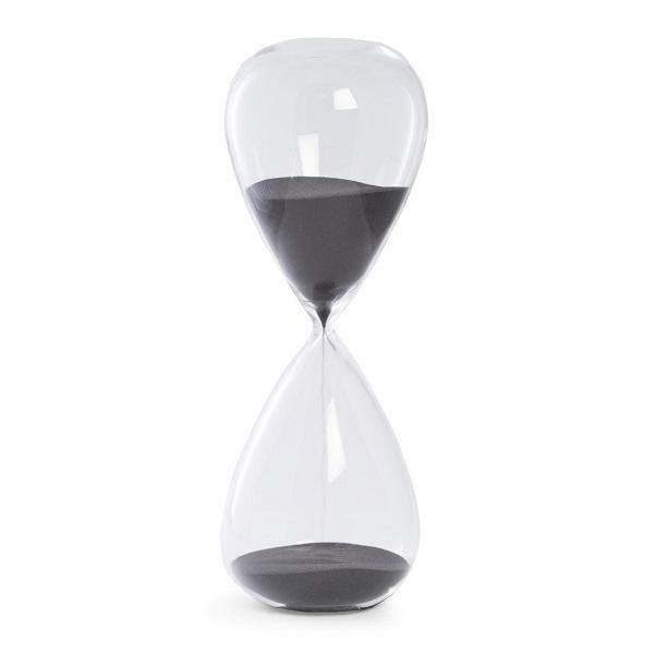Frameless hourglass timer filled with black sand.