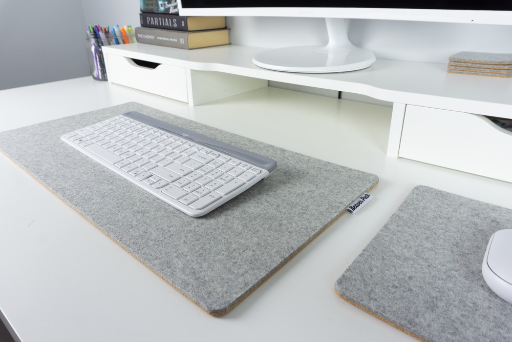 Wool and Cork desk mat - Pebble Grey with keyboard