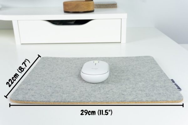 Wool and Cork mousepad - Pebble Grey, with dimensions