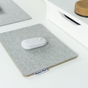 Wool and Cork mousepad - Pebble Grey from angle, with mouse
