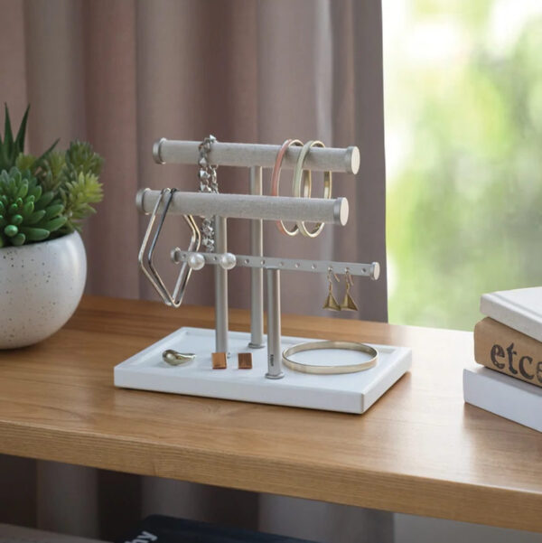 Jewelry Bar and Earring Holder - White on desk