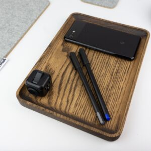 Wood accessory tray with pens and phone - Walnut