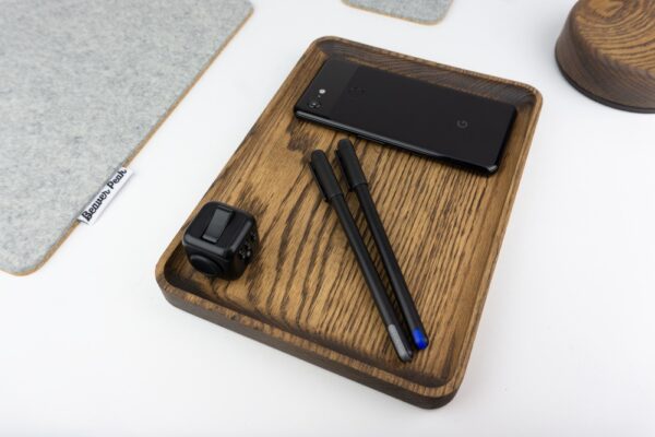 Wood accessory tray with pens and phone - Walnut