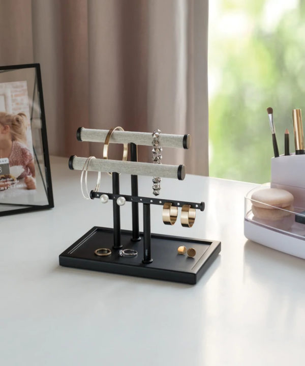 Jewelry Bar and Earring Holder - Black on desk with Jewelry