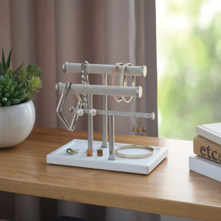 Jewelry Bar and Earring Holder - White on desk with Jewelry