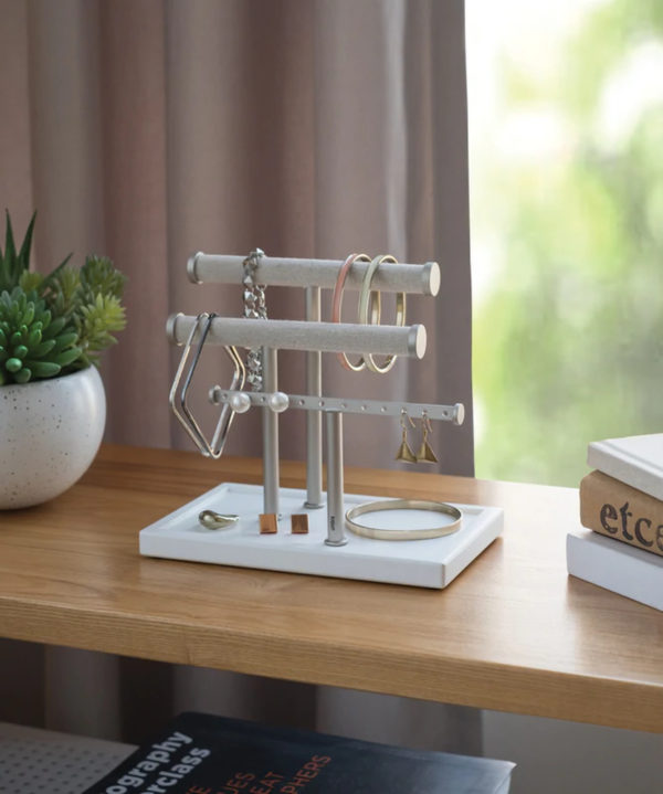 Jewelry Bar and Earring Holder - White on desk with Jewelry