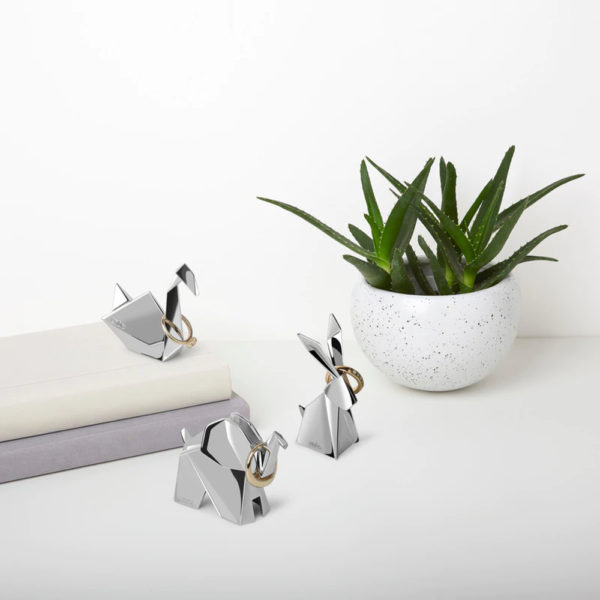Origami Ring Holders - Swan,, Elephant, Bunny - On desk next to plant