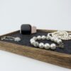 Walnut Wood Jewelry Tray - Black inner lining with pearl and diamond necklaces and smart watch