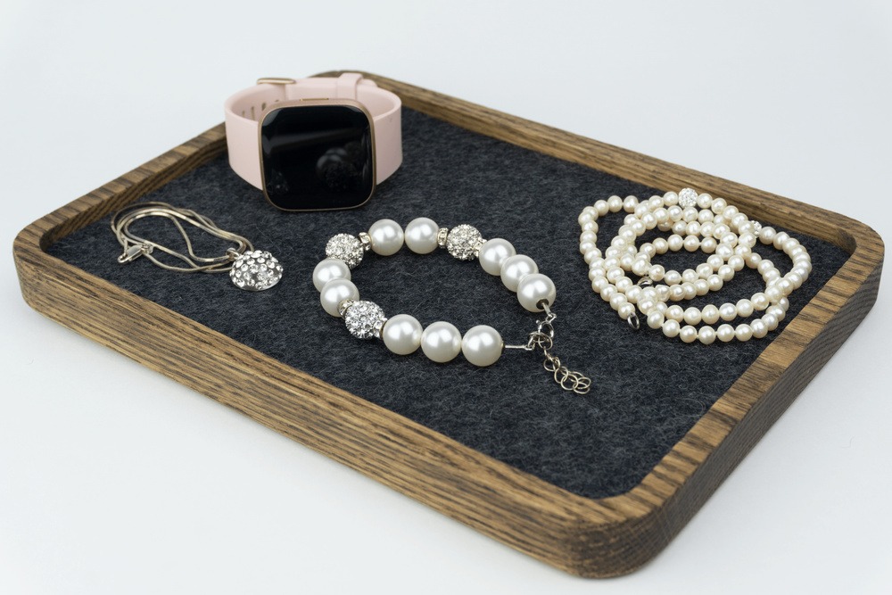 Walnut Wood Jewelry Tray - Black inner lining with pearl and diamond necklaces and smart watch, Wide angle