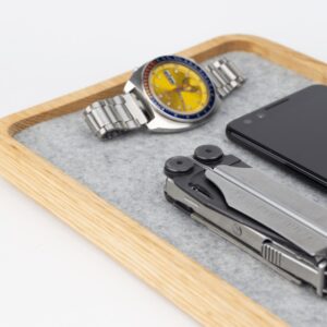 Wood Jewelry Tray - With Watch, Multitool, Phone - Natural, Light grey lining, close up