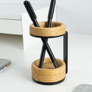 Wood Pen Holder with two black pens - BeaverPeak - Natural