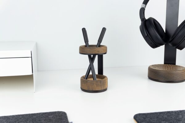 Wood Pen Holder next to matching headphone stand - Walnut - BeaverPeak