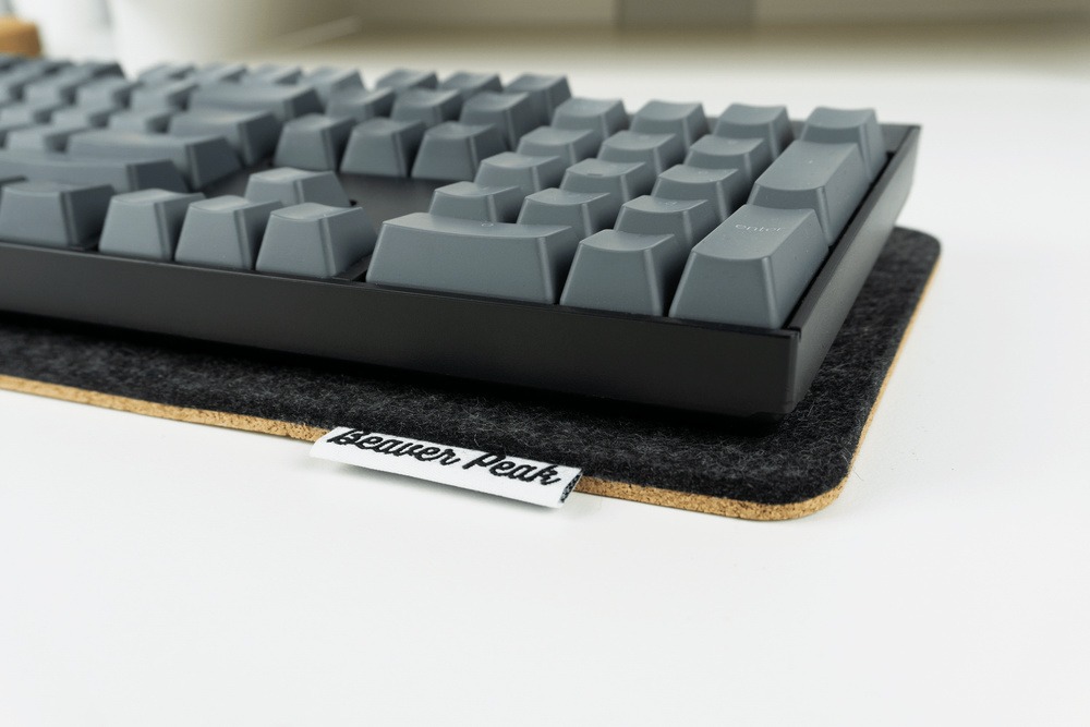 Wool Keyboard Mat, Black with Keychron K10 keyboard, closeup