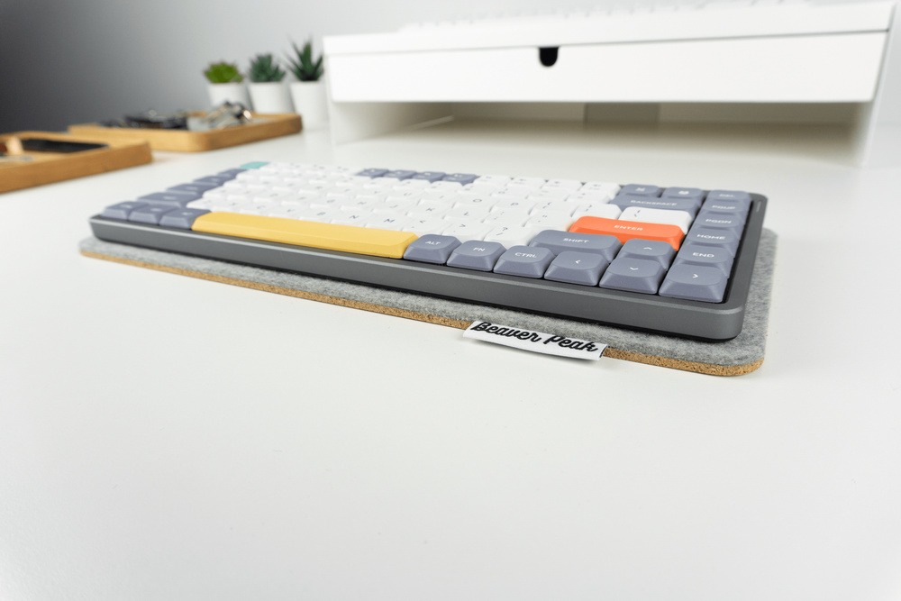Wool Keyboard Mat Grey with Nuphy Air75 keyboard, shallow angle