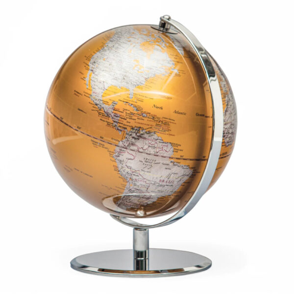 Large gold and silver globe with 9.5 inch diameter and all metal frame