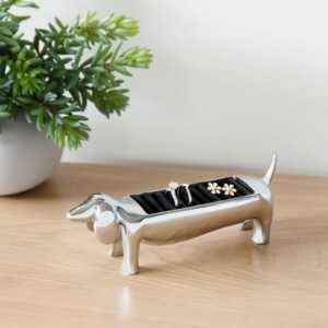 Dachshund Ring Holder - on table, holding multiple rings and earrings