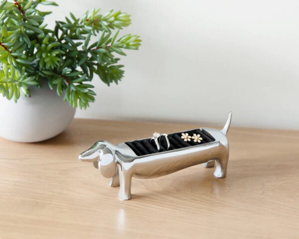 Dachshund Ring Holder - on table, holding multiple rings and earrings