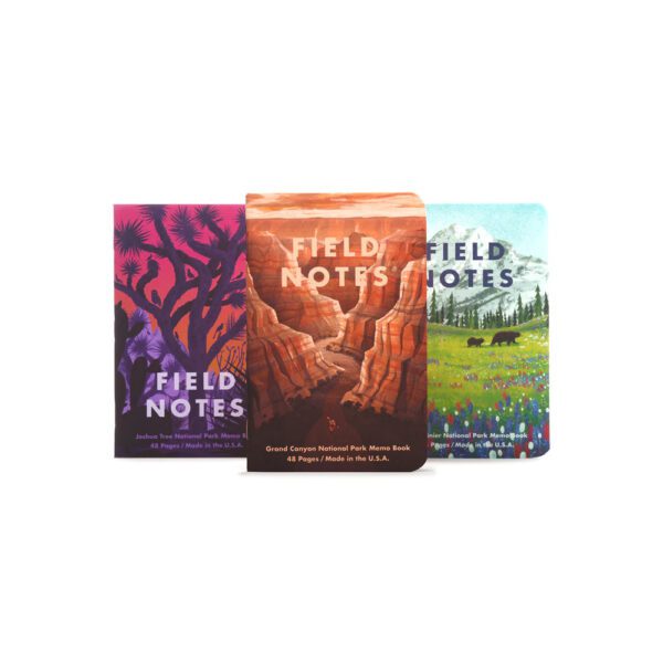 Field Notes National Parks Notebook set showing all 3 editions, Grand Canyon, Mount Rainier, and Joshua Tree.