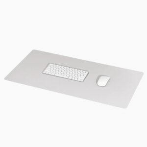 Poketo vegan leather desk mat grey with white keyboard and mouse on top