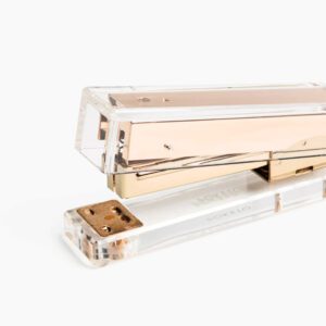 Closeup of rose gold acrylic stapler by Poketo