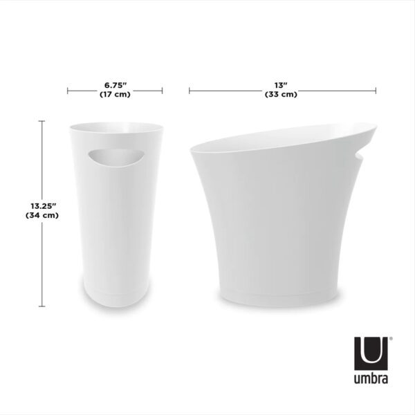 Dimensions of skinny trash can by Umbra. Width: 17cm (6.75"), Height: 34cm (13.5"), Length: 33cm (13")