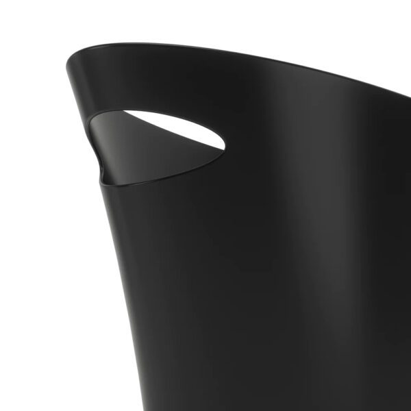 Close up of handle on skinny trash can by Umbra, showing black trash can