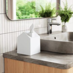 Square tissue box cover with white finish shown in bathroom