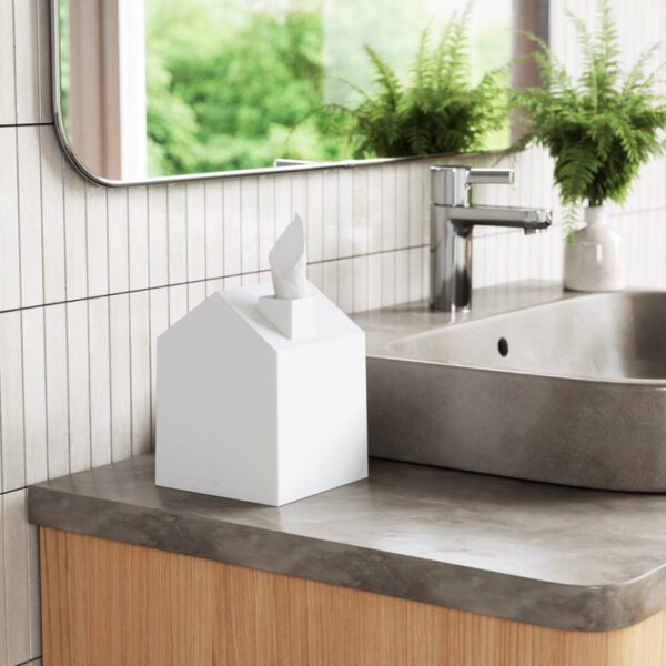 Square tissue box cover with white finish shown in bathroom