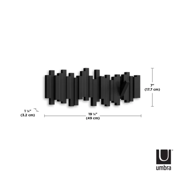 Black wall mount coat hook, shown with Dimensions. Length: 49cm (19.25"), Width: 17.7cm (7"), Height (from wall): 3cm (1.25")