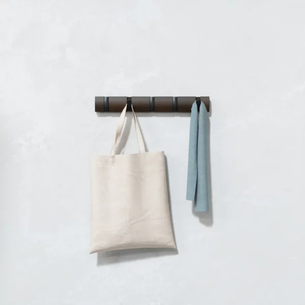 Walnut wall mounted hook rack with 5 hooks, shown with bag and scarf hanging from hooks