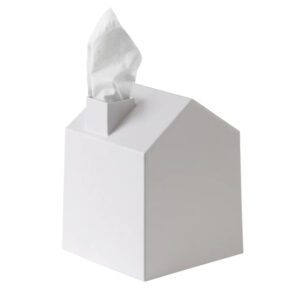 Square kleenex box cover in white finish with tissue coming out of chimney.