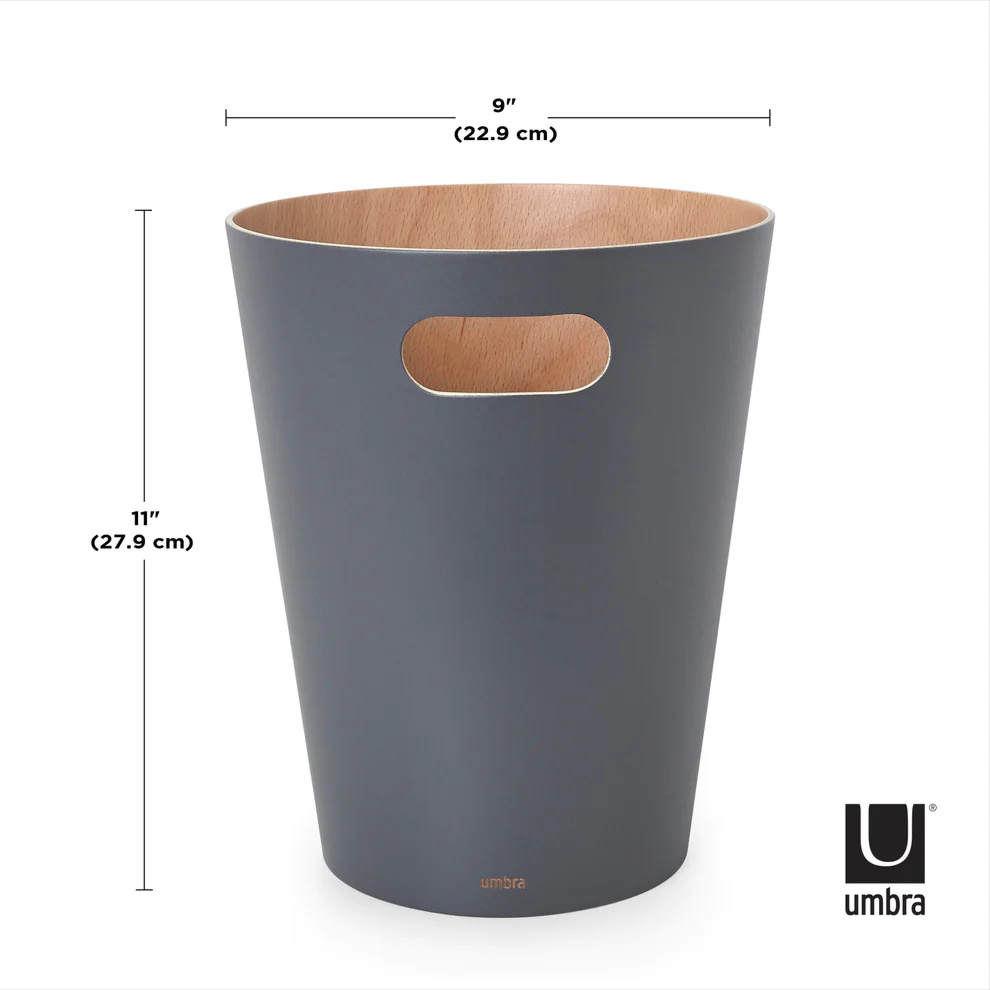 Woodrow office trash can dimensions. 23cm (9 inch) diameter, 28cm (11 inch) height. 7.5L (2.5 gallon) capacity
