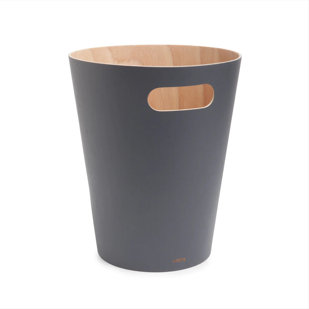 Woodrow Trash Can, wooden office trash can shown in grey