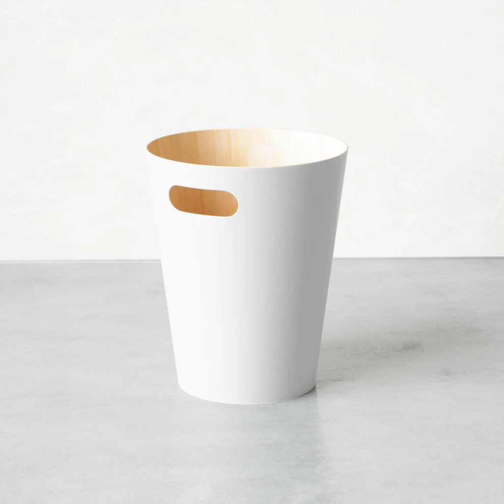 Woodrow Trash Can, wooden office trash can shown in white